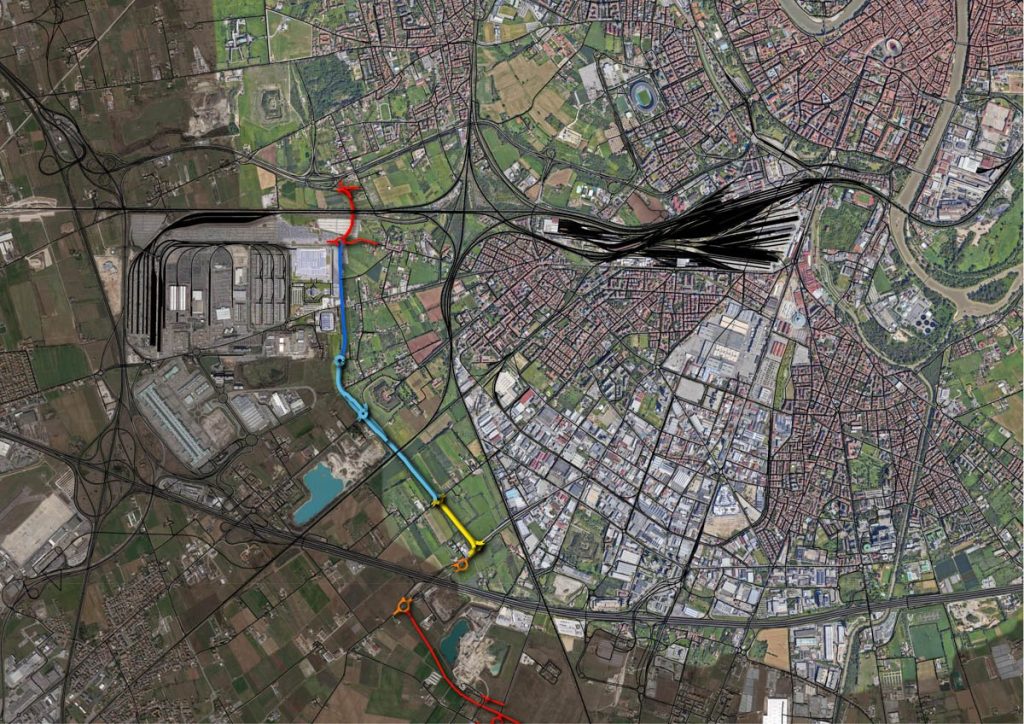 I tratti rossi a nord e a sud sono rispettivamente quelli riguardanti Rfi e variante alla Statale 12. I tre tratti blu, azzurro e giallo compongono il completamento della nuova strada di gronda.
