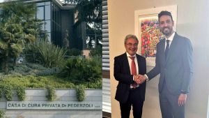 A sinistra la clinica Pederzoli, a destra la stretta di mano fra Mantoan e Boschelli